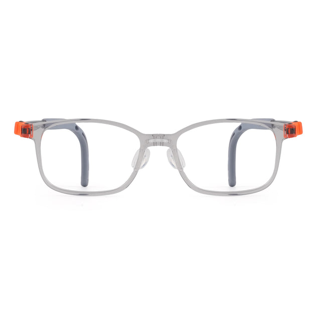 Kids clear-lens eyeglass frames with gray front and orange temple accents