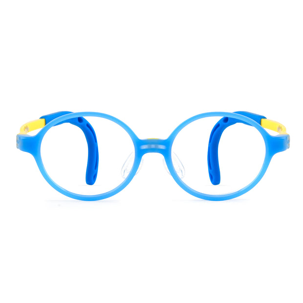 Blue round eyeglasses frame with clear lenses and yellow ear pieces