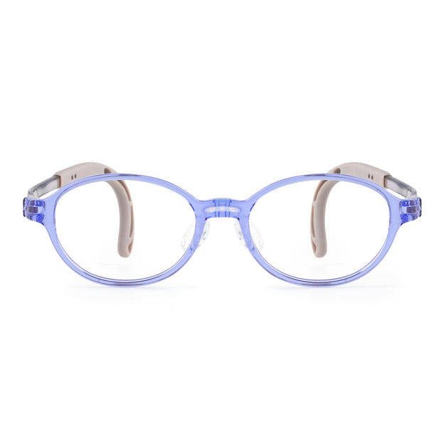 Blue oval eyeglasses with clear frame and purple-toned temples