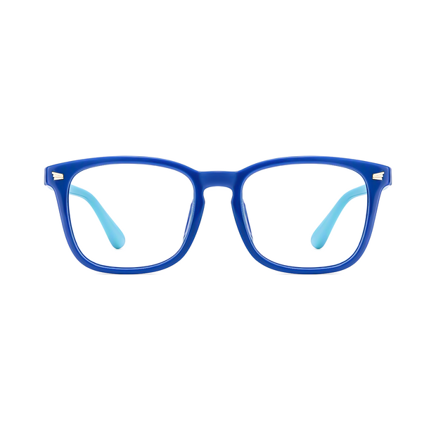 Blue rectangular eyeglass frames with light blue temple tips, front view.