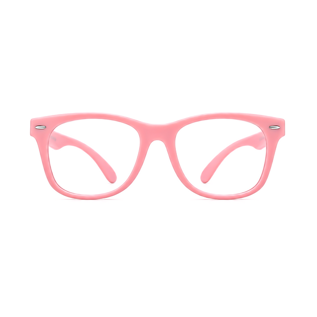Pink full-rim eyeglasses with round rectangular frames and side hinge details