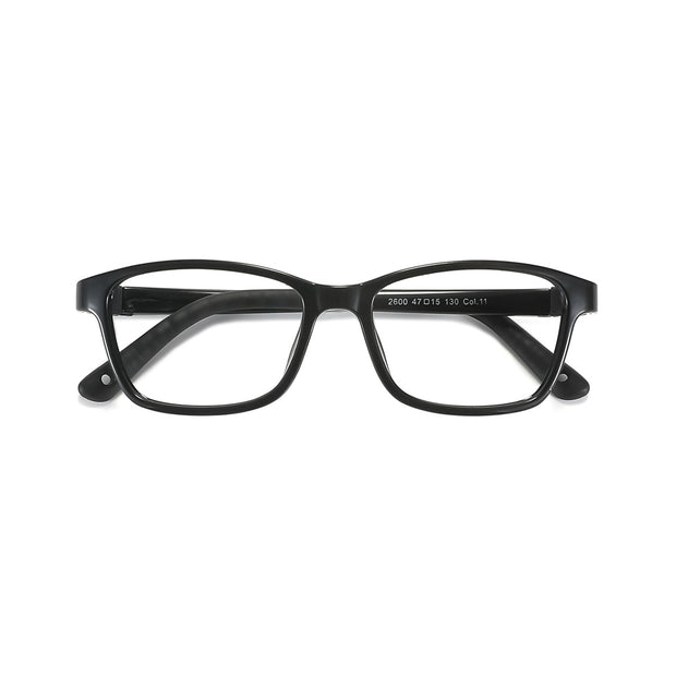 Black rectangular eyeglass frame, straight-on view with printed size marks on lens