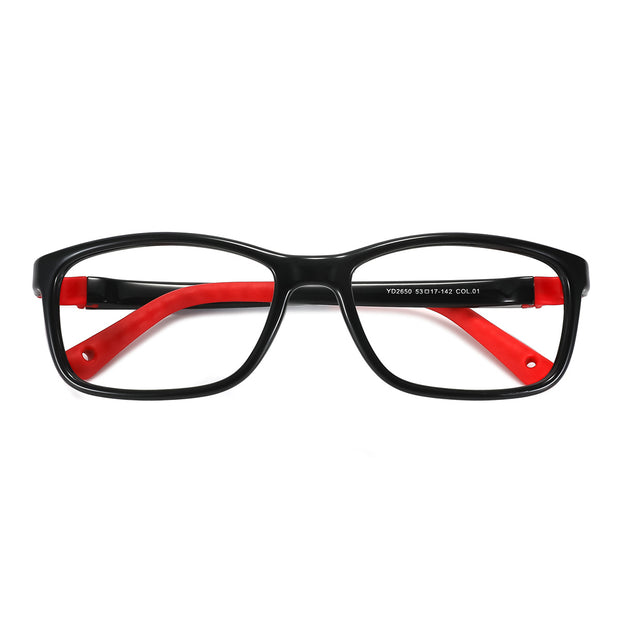 Children's eyeglasses with black frame and red temple details