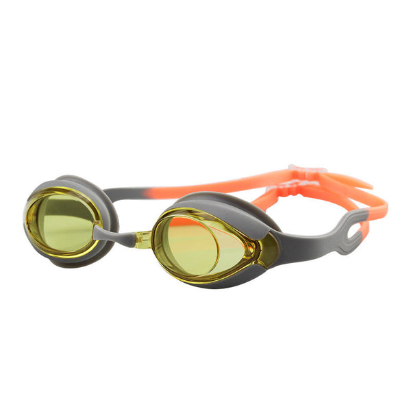 Swim goggles with orange accents, gray frame and amber-tinted lenses