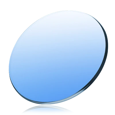 Blue tinted sunglasses lens with dark rim, close-up