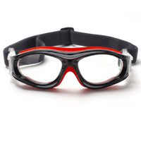 Black safety goggles with red accents and black strap