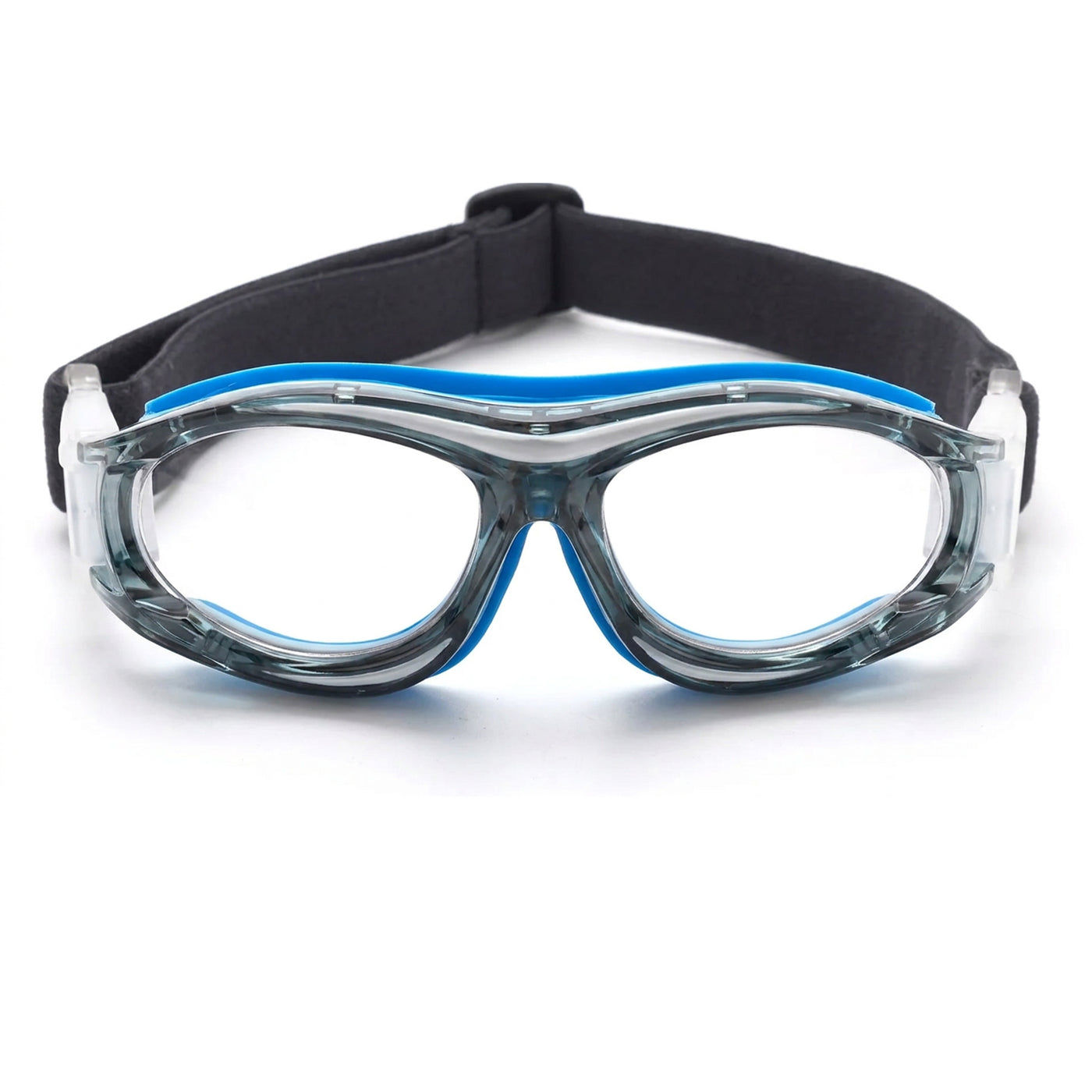 Clear safety goggles with blue accents and black strap