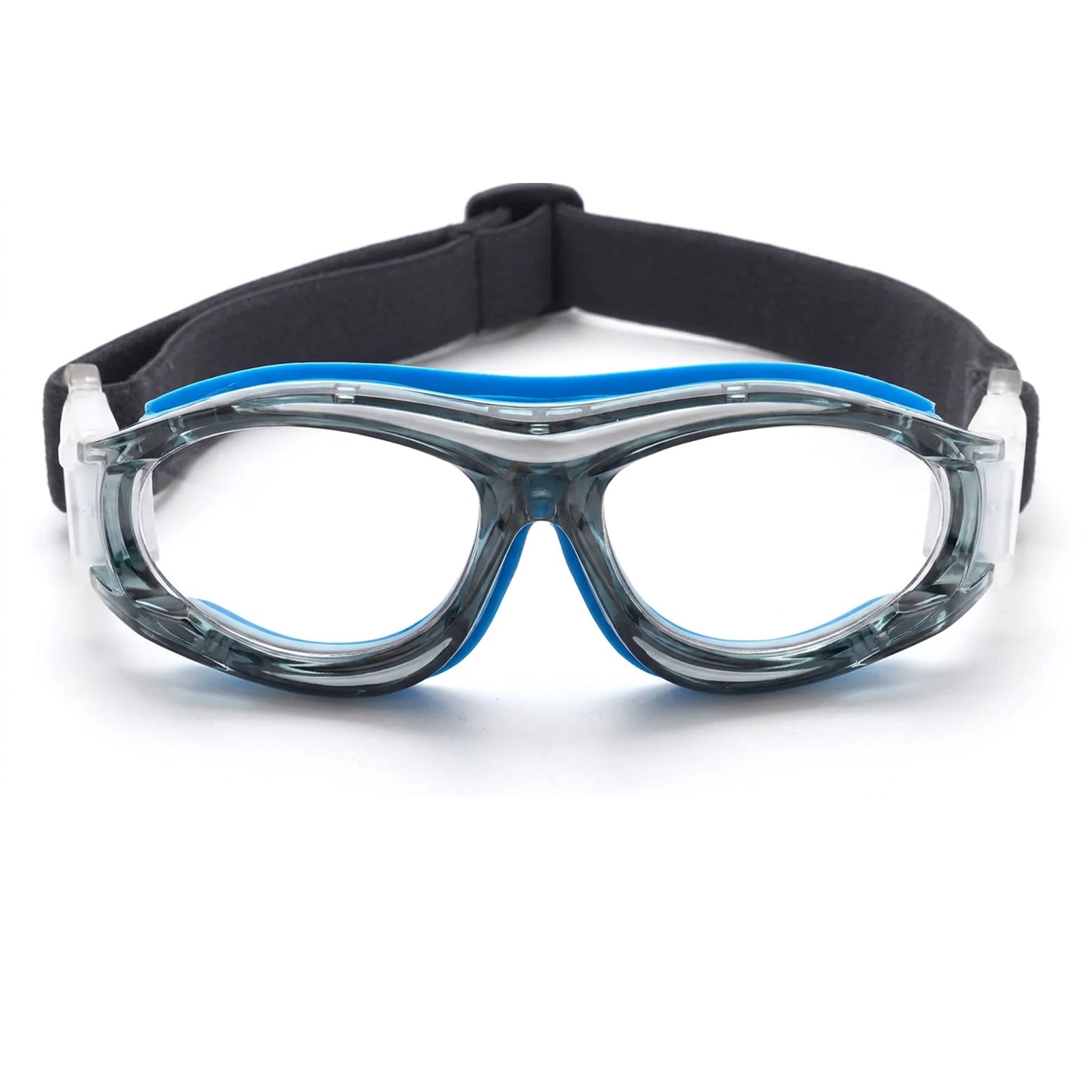 Clear safety goggles with blue accents and black strap