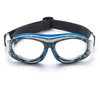 Clear safety goggles with blue accents and black strap