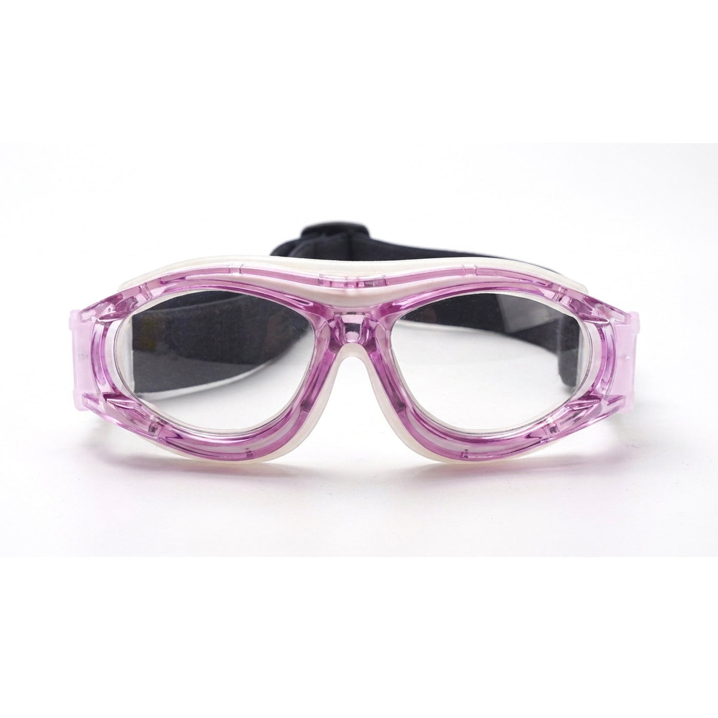 Purple-tinted safety goggles with pink accents and black strap