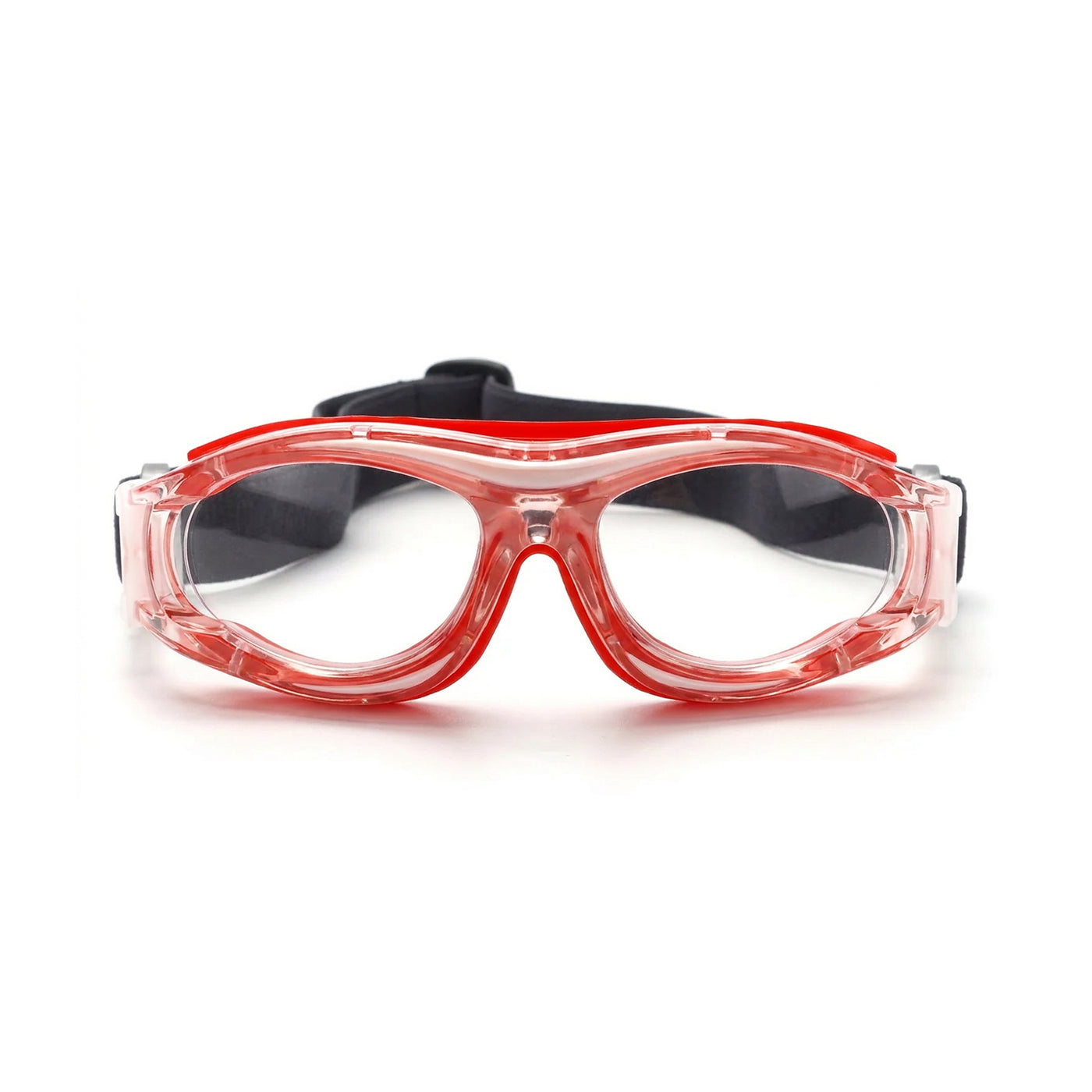 Soren safety goggles with red frame and clear protective lenses