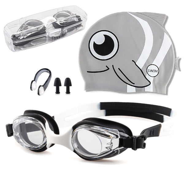 Swim goggles set with grey cartoon swim cap, clear strap goggles, nose clips