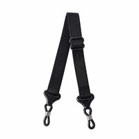 Black sports strap with adjustable webbing and two metal buckles with clips