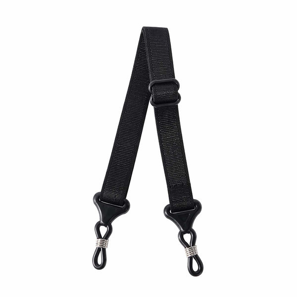 Black sports strap with adjustable webbing and two metal buckles with clips