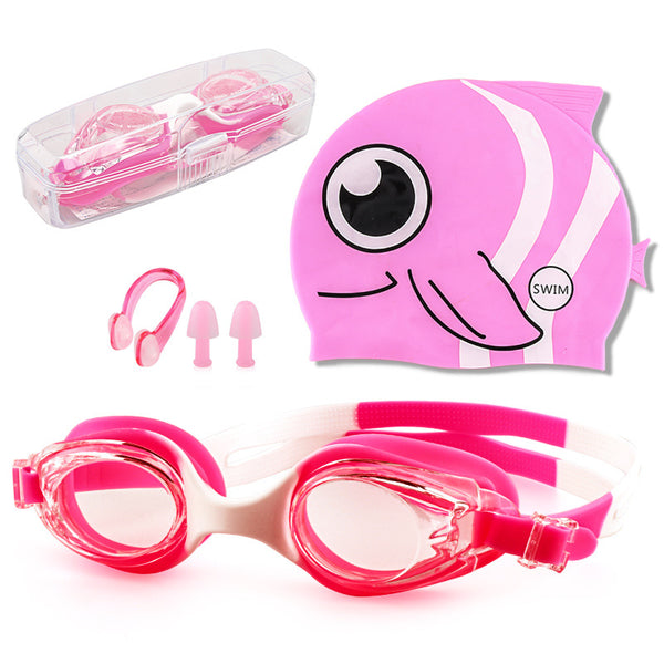 Swim goggles set with pink cartoon swim cap, clear pink goggles, pink nose clips