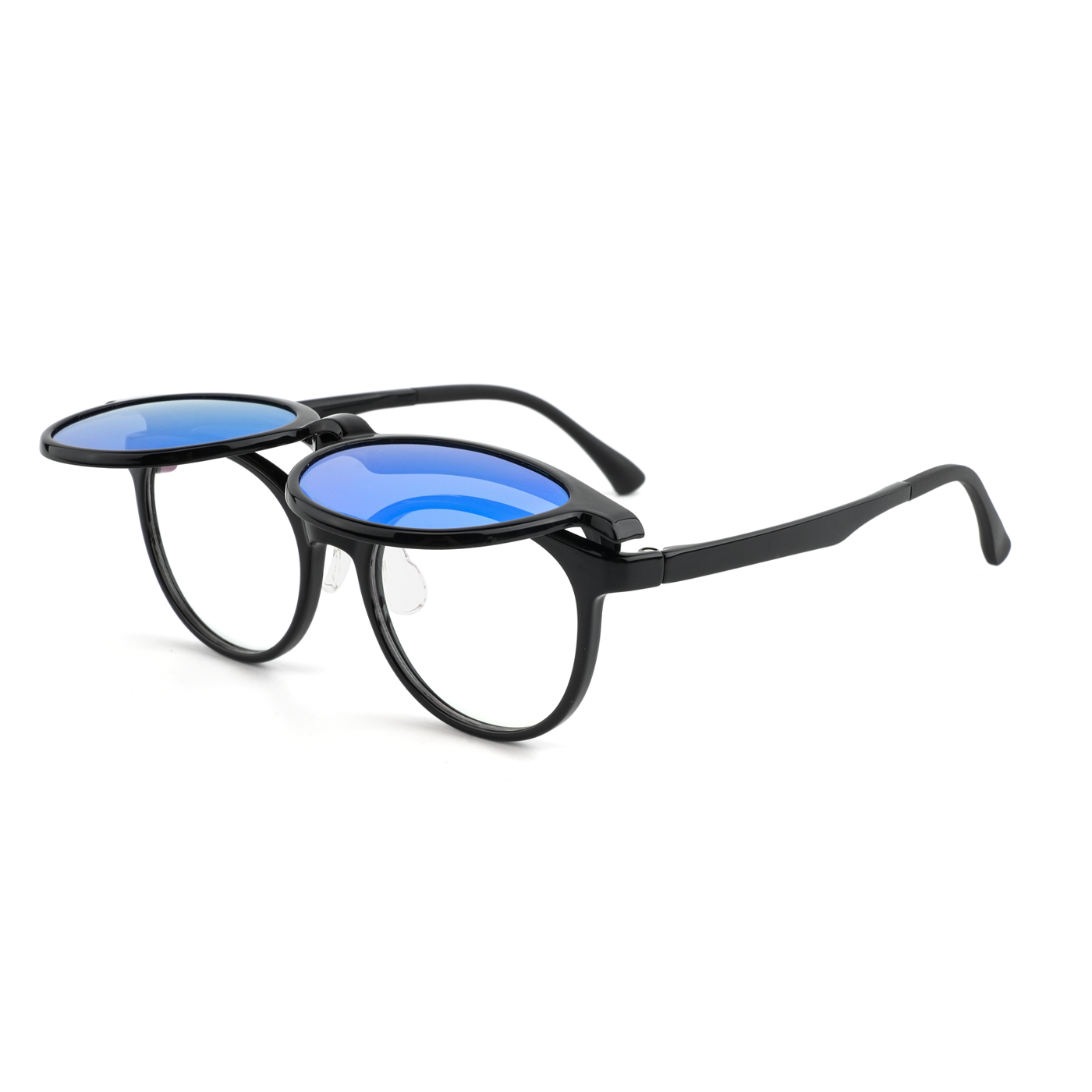 2-in-1 safety glasses with blue lenses and black frame