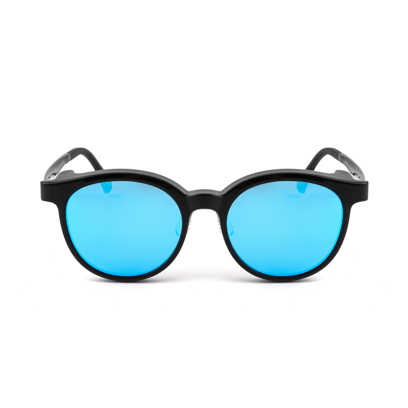2-in-1 sunglasses with black frame and blue mirrored lenses