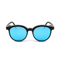 2-in-1 sunglasses with black frame and blue mirrored lenses