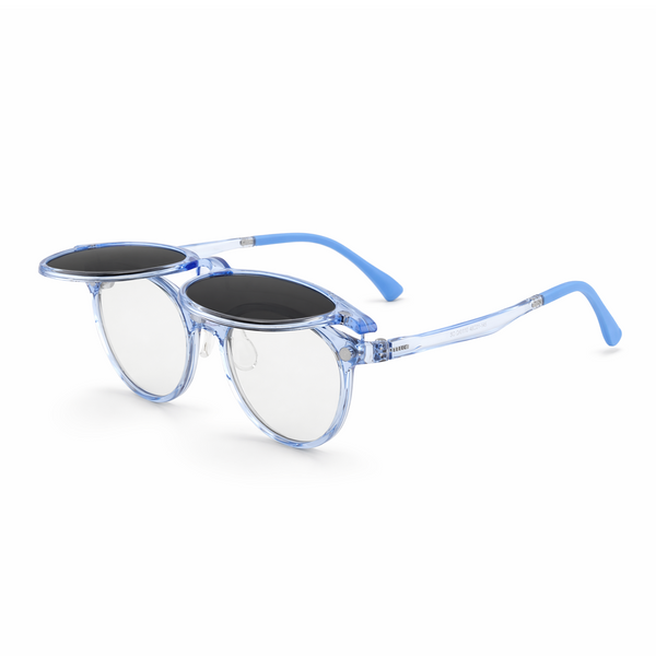 Transparent blue 2-in-1 eyeglasses with black oval lenses and blue curved temples