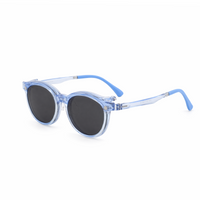 Transparent blue eyeglasses with dark oval lenses and blue temple arms, angled view