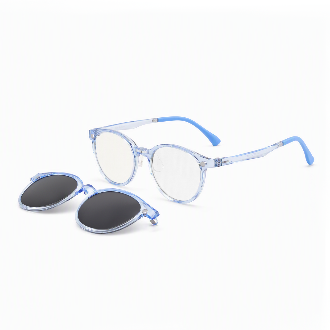 Transparent blue eyeglasses with black oval lenses, plus an extra lens cover
