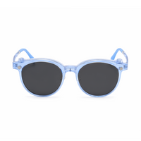 Transparent blue round eyeglasses with dark oval lenses and blue temple tips