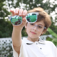 2-in-1 eyewear with transparent blue frame and dark-tinted lenses, close-up