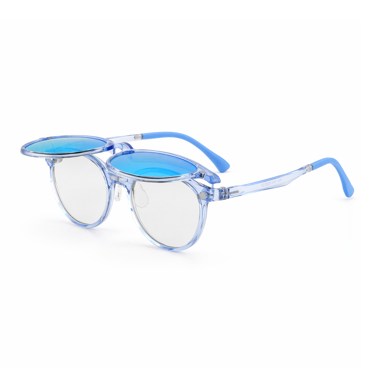 Transparent blue 2-in-1 eyeglasses with blue-tinted oval lenses and blue temples