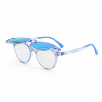 Transparent blue 2-in-1 eyeglasses with blue-tinted oval lenses and blue temples