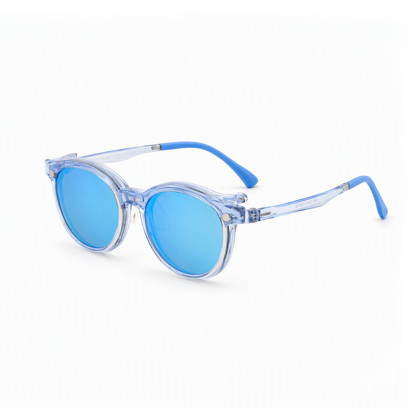 Transparent blue eyeglasses with blue-tinted oval lenses and blue temple arms, angled