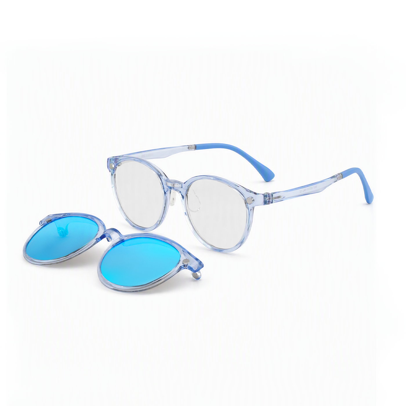 Transparent blue eyeglasses with blue-tinted oval lenses, plus an extra lens cover