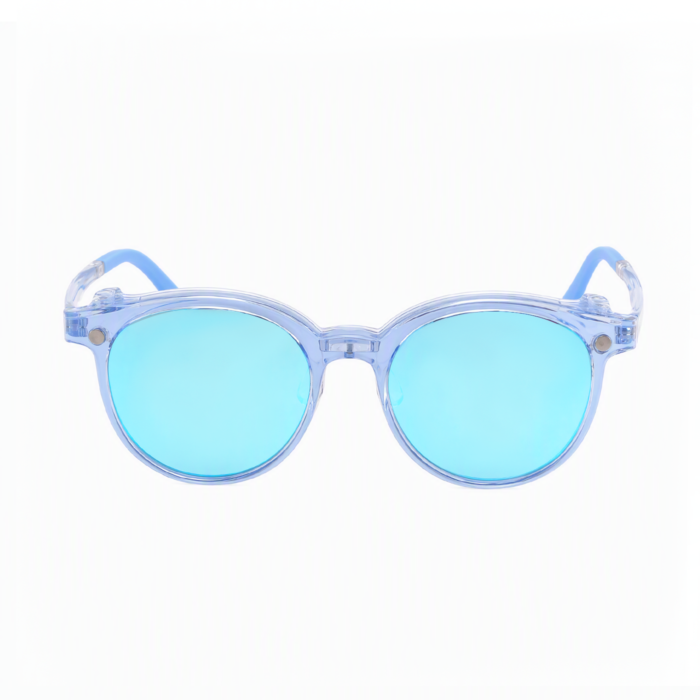 Transparent blue round eyeglasses with blue-tinted oval lenses and blue temple tips