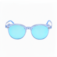Transparent blue round eyeglasses with blue-tinted oval lenses and blue temple tips