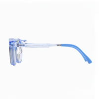 Transparent blue eyeglasses side profile with blue temple arm and clear frame