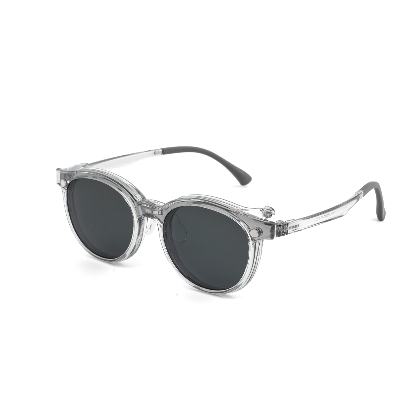 2-in-1 round sunglasses with clear frame and dark tinted lenses