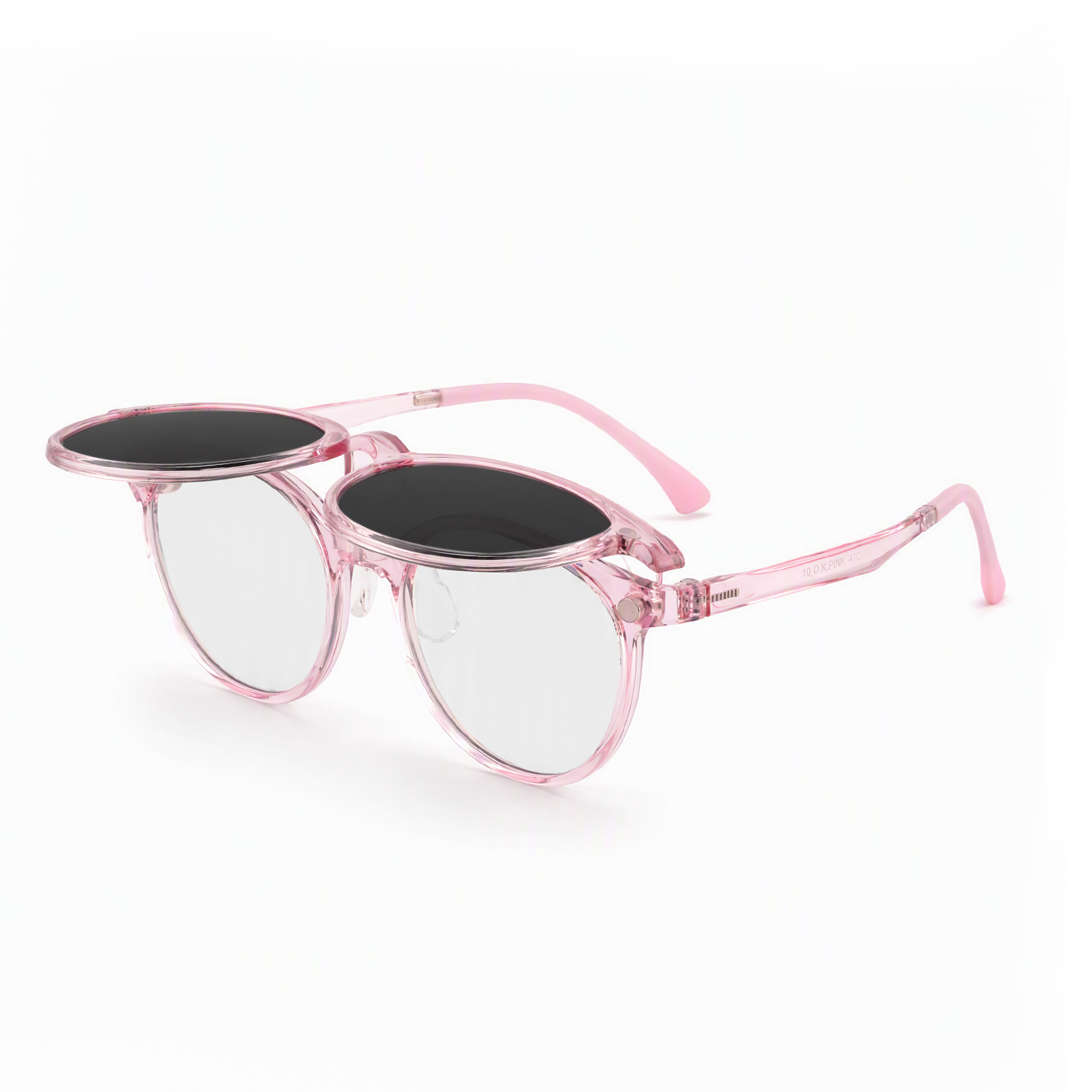 2-in-1 clip-on sunglasses with transparent pink round frame and dark tinted lenses
