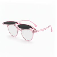 2-in-1 clip-on sunglasses with transparent pink round frame and dark tinted lenses