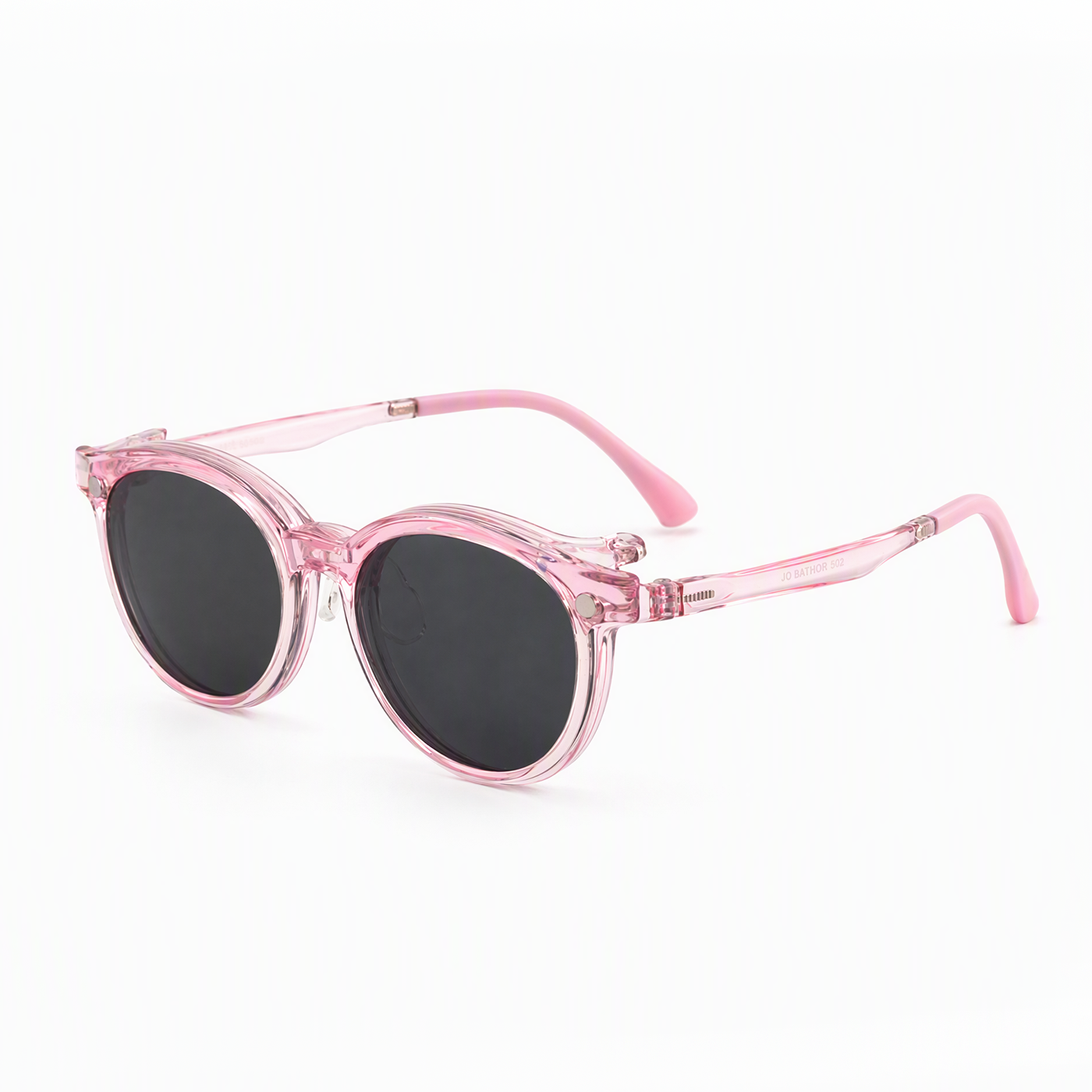 2-in-1 clip-on sunglasses, transparent pink round frames with dark tinted lenses