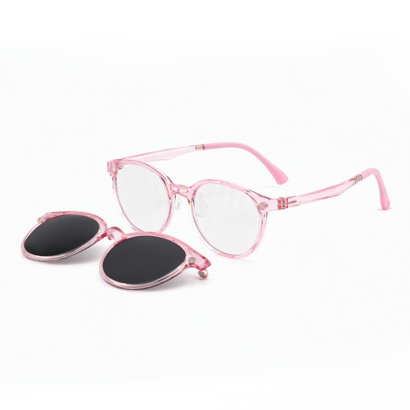2-in-1 clip-on sunglasses set: clear round frames with dark lens clip-ons
