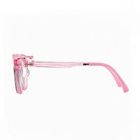 2-in-1 clip-on sunglasses side view, transparent pink frame with clear lens clip