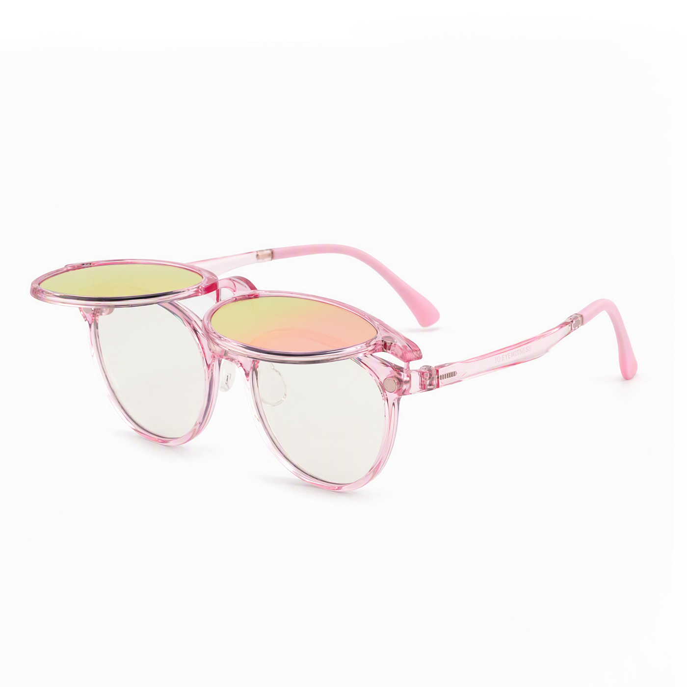 2-in-1 clip-on sunglasses with transparent pink round frame and yellow tinted lenses