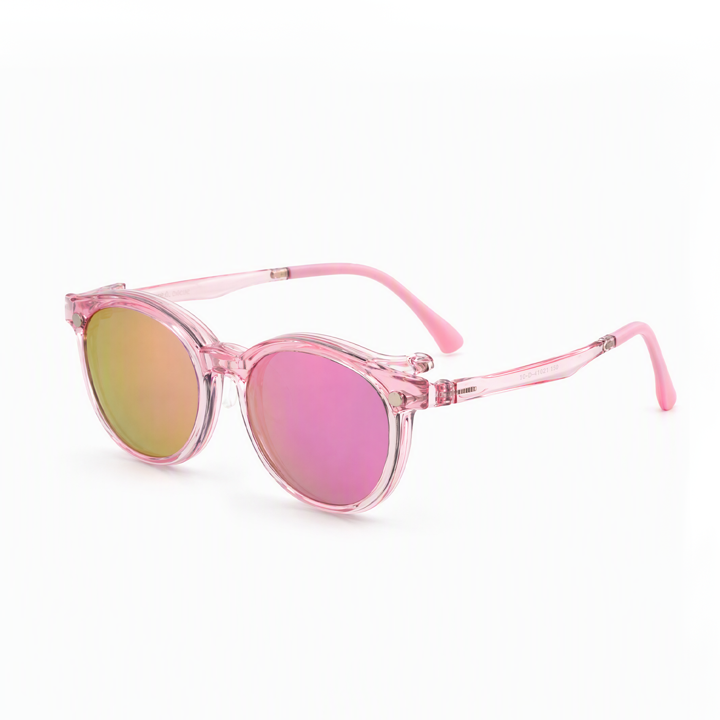 2-in-1 clip-on sunglasses with transparent pink frame and pink-tinted lenses