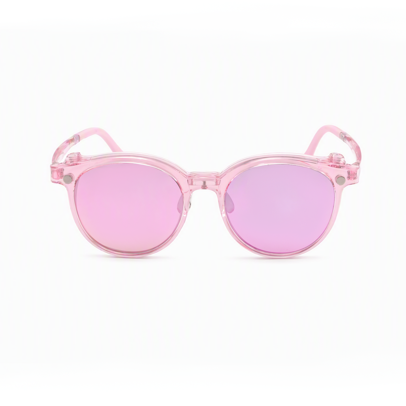 2-in-1 clip-on sunglasses close-up, transparent pink round frames with pink tinted lenses
