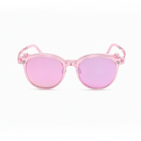 2-in-1 clip-on sunglasses close-up, transparent pink round frames with pink tinted lenses