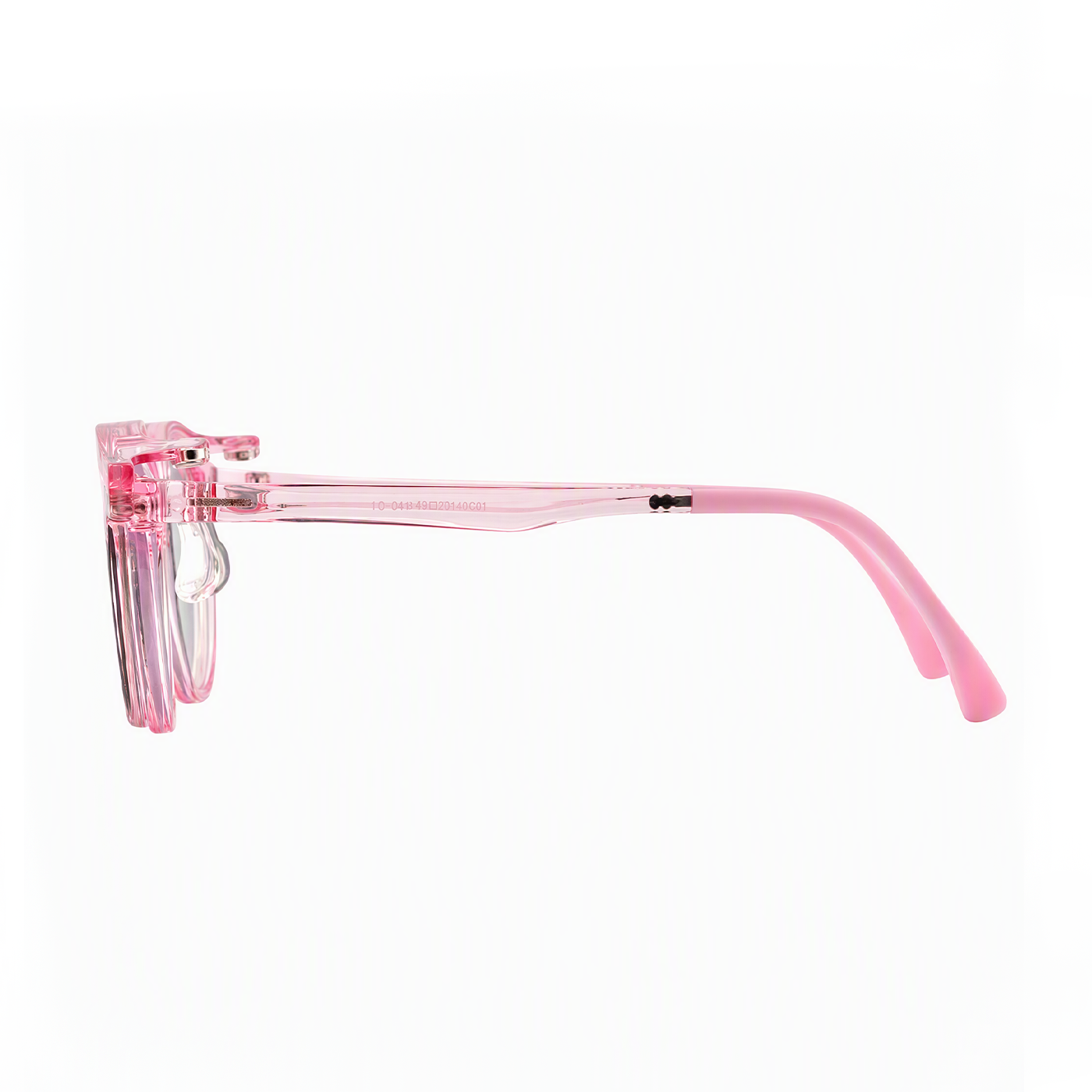 2-in-1 clip-on sunglasses side view, transparent pink frame with clear lens clip