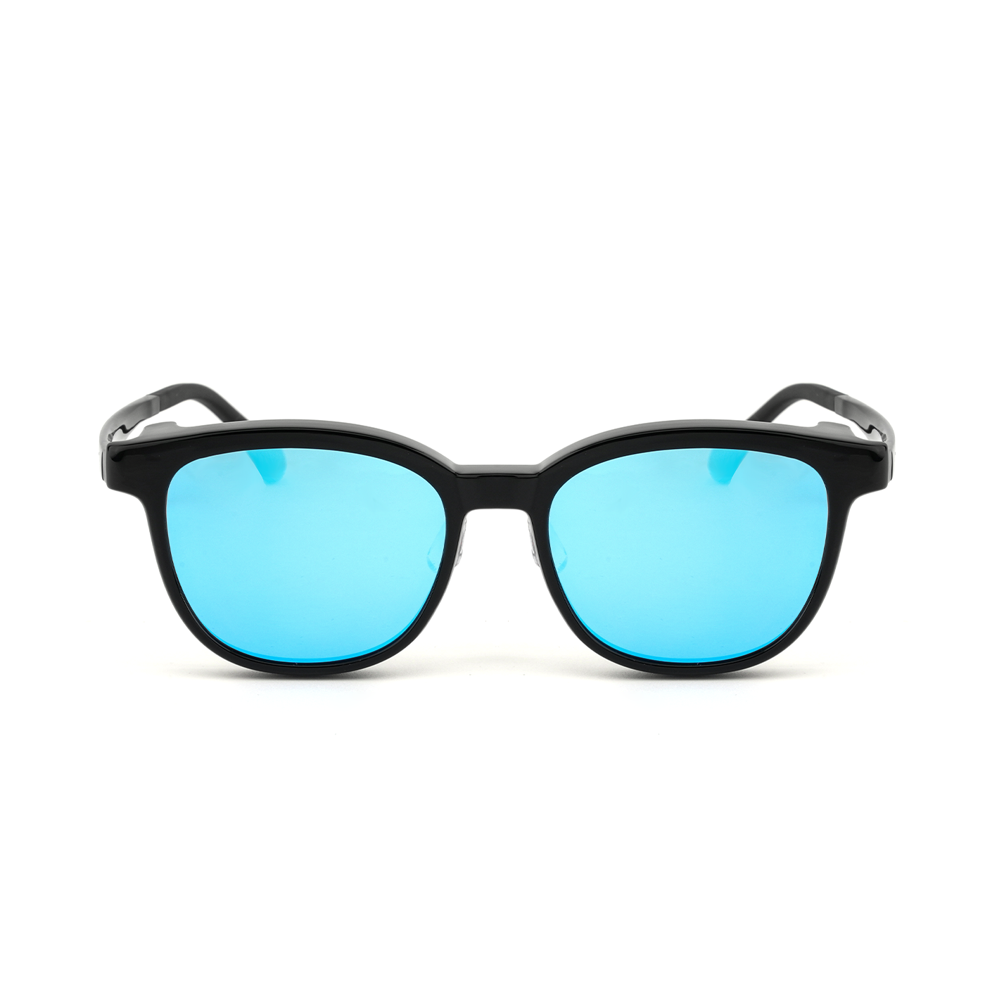 Black 2-in-1 glasses with bright blue mirrored lenses in front view