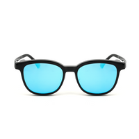 Black 2-in-1 glasses with bright blue mirrored lenses in front view