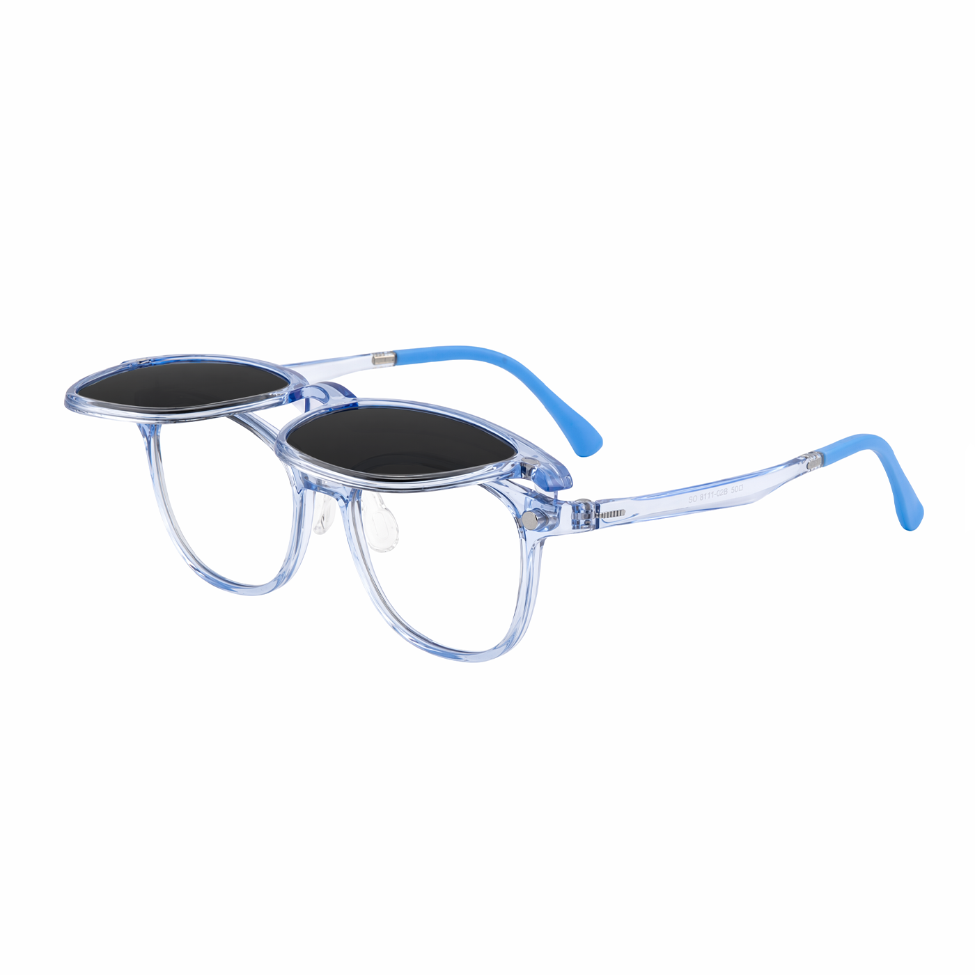 2-in-1 sunglasses, transparent blue frame with dark lenses and blue temple tips