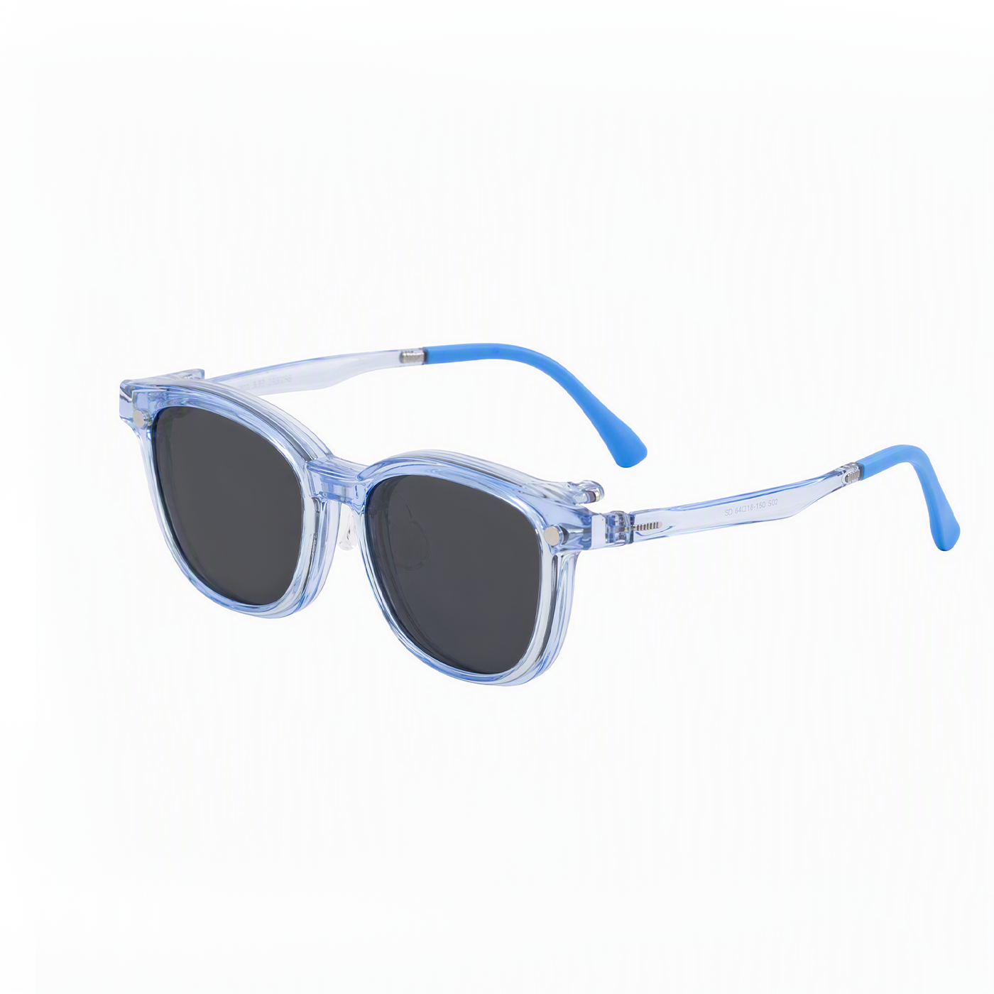 2-in-1 sunglasses, transparent blue frame with dark round lenses and blue temples
