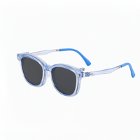 2-in-1 sunglasses, transparent blue frame with dark round lenses and blue temples